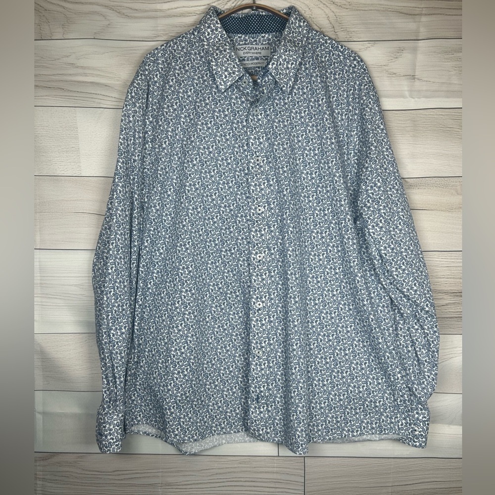 Nick Graham Everywhere Blue and White Paisley Button Down Shirt. Size 18-18.5